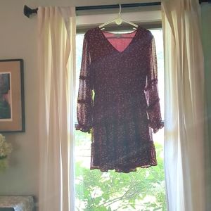 SHE + SKY Red Floral Mini Dress with Sheer Long Sleeves NWOT, Medium